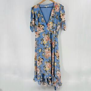 Boutique Miami Blue Floral Maxi Wrap Dress with Ruffle Hem Size‎ Small Romantic